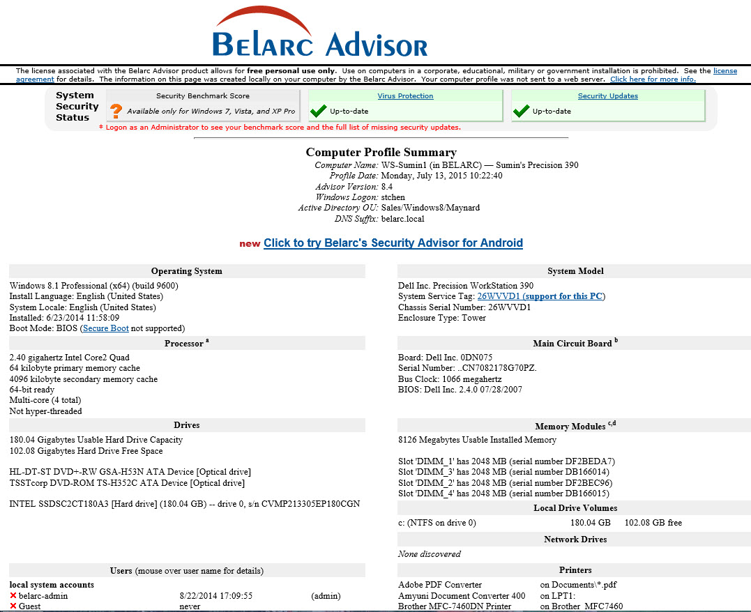 Belarc Advisor Hình ảnh phần mềm Belarc Advisor 7